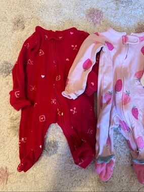 3 Carter’s Baby Footed Pajamas - Red, Pink Strawberry, White Polka Dot